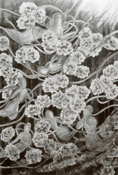 自然界のいとなみを、目には見えない精霊たちが支えている。花の命をより美しく咲かせるのも彼等の働きがある。<br />
そして光から闇へ、命あるものの輪廻を司る精霊達の存在を、牡丹に托して描いてみた。