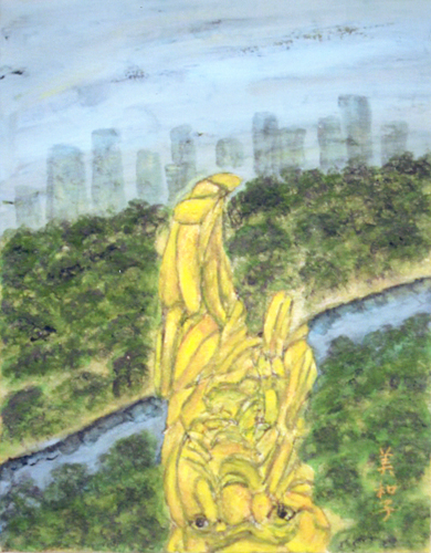 大阪城の天守閣からの眺めは素晴らしい。金の鯱が目の前に。ユニークな面構えにさっそく絵にしたくなった。雌雄いずれであるのか。時間をかけて丁寧にスケッチしていった。遠方の森を少し削り、都会のビル群で今昔を表現した。