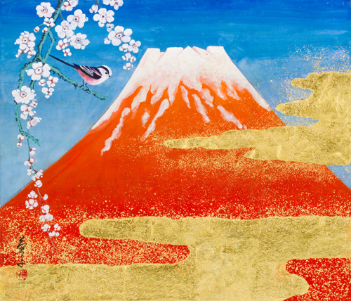 堂々とした富士は、人の心を魅了してやみません。その美しい富士山に花、エナガも樹にとまらせました。愛と希望、安らぎの念を抱いて、自然界の頂点に君臨する富士の神秘的な美しさを金箔で華やかに描きました。2014年4月公式パリ個展で、ルーブル美術館学芸員のブリジット氏より、感動とお褒めの言葉を戴いた作品のひとつです。
