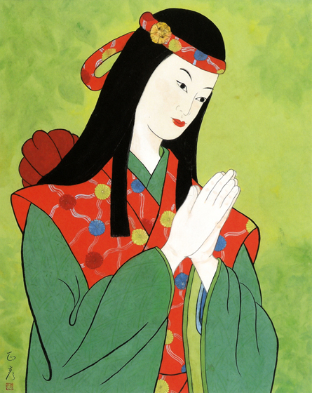 栄華を欲しいままにする清盛は、白拍子・祇王を愛するが、白拍子・仏御前に心移りして、祇王を棄てる。祇王は、仏御前を慰めるために来て舞えと清盛に言われ、嫌々ながら清盛と仏御前の前で舞った後に、出家を決意する。その決意を表したのがこの作品で、私のイメージでは、バックは新緑のモミジでした。物語では、仏御前も祇王の庵を訪ねて出家し、共に生活することになります。