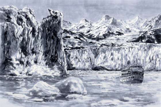 1965年ヨーロッパに旅する事があり、当時はアラスカ経由北極圏廻りの飛行でした。アラスカのアンカレッジ空港を離陸後、まもなく窓から眼下に見える氷河の崩落が目に入り、その光景に感動致しました。その頃は絵にする事すら考えてもおりませんでしたが、絵を描くようになった今、その時の感動を思い出し、どうしても絵にしたく、2012年夏、氷河をめぐる旅をしました。間近に観る様々の崩落の瞬間を描いてみました。