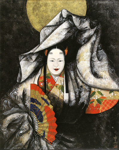 我が町は竹の里。以前から、かぐや姫は絵にしたいと心に温めてきたテーマ。<br />
能衣装でと思い至ったが、能には面や衣装に多くの決まりがあり、忠実に表現することは不可能と気付き、この度は自分なりのイメージで仕上げた。奥深い幽玄の世界をもっと勉強し、表現出来ればと改めて強く感じている。