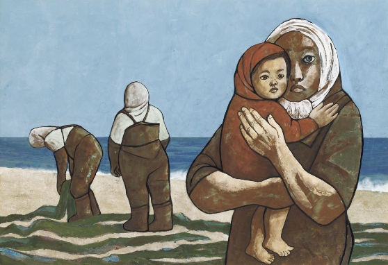 納沙布岬の昆布漁は度々取材に出掛けた。早朝の汽笛の合図で一斉に船を出し、昆布が船一杯になると浜に戻り、待ち受けた女性達は自分達の持ち場の浜に並べて干すのが家族の役目だ。船は何度も漁場と陸を往復して昆布を陸揚げする。浜は戦場の様な激しさで、近くでスケッチを始めたら追っ払われた。その時の女性達を描いた。