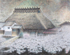日本の原風景である茅葺き屋根の家屋が姿を消していく昨今、出来るだけ忠実に写生し、キャンバスに残したく、表現した。<br />
この家屋は国指定文化財として保存され、家主が生活している。