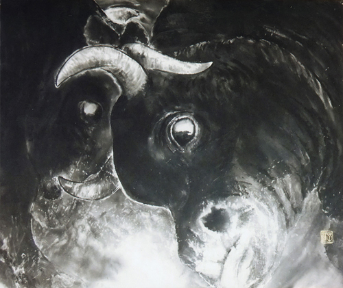 鹿児島の離島・徳之島に年に３回「全島一・闘牛大会」が開かれる。闘牛として育てられた１トン級の牛のぶつかりの迫力に観客は酔い痺れる。太鼓や口笛を鳴り響かせ、島独特の掛け声「ワイドワイド」で気勢をあげる。<br />
いつもは優しい目も、闘う必死の眼球となり、鼻の穴からは荒々しい息遣いが感じられるよう構図にまとめた。