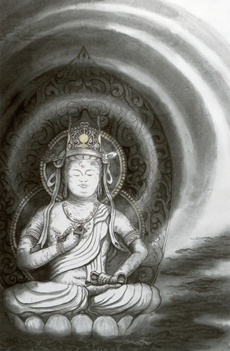 人は自然に寄り添う事を忘れては共生できない事を、昨年の東日本震災で経験しました。また、人間社会の欲望を満す為の科学の驕りは、自然に勝てない事も知り、絵に表現したいと思いたち、強い意志を持つ金剛菩薩像をモチーフに、人の煩悩を廻りの波紋で表現して、希望の持てる社会にと願って描きました。