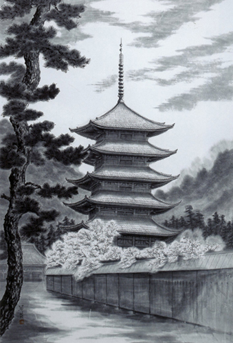 法隆寺の五重塔をモチーフに、訪れる度に魅了される塔の美しさを描きました。<br />
バランスのとれた全体像、特に屋根の一寸反りのある美しさは、世界を見ても極端に<br />
主張するのではなく、日本人独特の繊細な美術感覚と感動させられます。