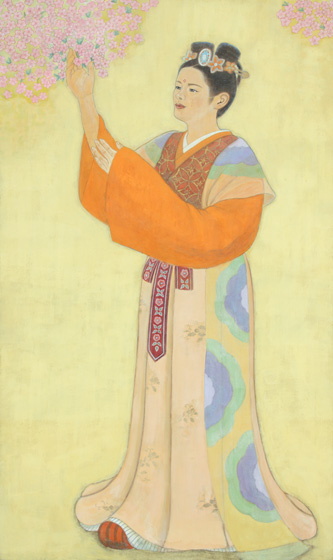 大伴家持が天平勝宝2年3月1日の暮れに、桃苑の花を眺めて作ったとされる「春の園　紅にほふ桃の花　下照る道に　出で立つ娘子」に着想を得た作品です。