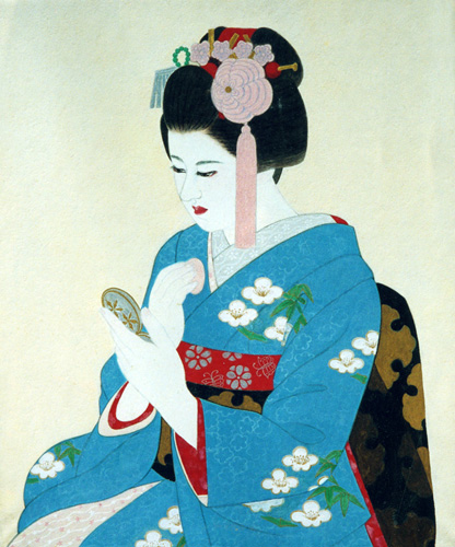 浮世絵の流れを汲む深水門下の美人画家に師事して、初めて描いた美人画です。日本の伝統文化継承者である京都の舞妓さんを、シリーズで描く切っ掛けともなった、記念の作品です。