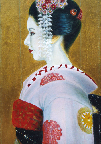 13時に約束をし、京都の舞妓さんを訪ねました。奥座敷に通されお茶を戴いていると、舞妓さんが登場して丁寧なご挨拶。初々しく、モデルも初めてということでした。その時の感動のデッサンを、油彩で表現しました。