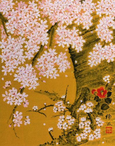 出展に要請をいただいた折、自分のターニングポイントは？との問いに、「40代、主婦で子育て、介護の最中、水墨画に魅せられ、1991年「上海中国書画専修学院外国人卒業生１号」になった時、と答えています。中国画の継承という責任を感じつつ、日本の素晴らしい四季も他国に紹介したい等々。しあわせ気分満開で描いています。