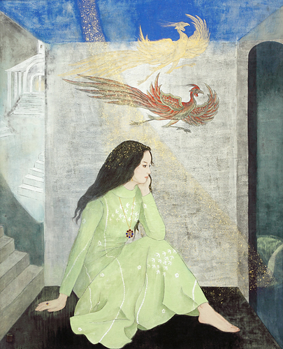 「朱雀(すざく)」を「不死鳥」「フェニックス」としてとらえて描きました。<br />
女性の左の階段は彼女の未来を暗示しています。<br />
どうぞ明るい未来がおとずれますように。母の祈りです。