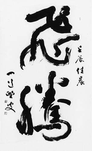 東京六本木の国立新美術館にて開催された第41回全書芸展（2012年12月12日～24日）に出陳した際、壬辰の年にちなんで雲上に飛騰する昇龍をイメージした行草の一枚書き。<br />
10尺６尺の紙に、皆木桃香史の訪中土産の黄凱製の大筆を用い、墨は墨運堂の「天麝」を社中の方々が手摺りで用意してくれたものを使った。