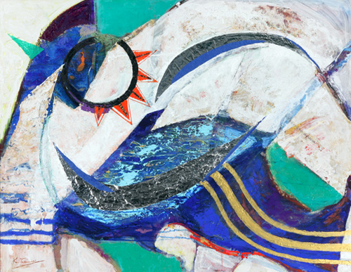 ここ数年「土の記憶」、「水の記憶」、「水の詩」など自然をモチーフとしてきました。<br />
この作品は自然のダイナミズムを感じつつ制作しました。