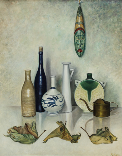 左翼華やかりし戦後、「社会主義リアリズム」へのアンチ・テーゼとして「シュルレアリズム」があり、東京にも「新超現実派」の前衛運動があった。茫漠五十年理念は拡散し、運動は消滅し、人は去り、若き日の夢の軌跡が残った。「通信を終ります、永年有難うございました。」と知友からの便り、新超現実派に参加した事もある過去。真に近づく描写によってまがい物の現実を作り出し、本物の現実らしさの虚構の空間の中で外界の通年を拒み、無視し、独自の世界を、と物体の配置の造形に専念する。