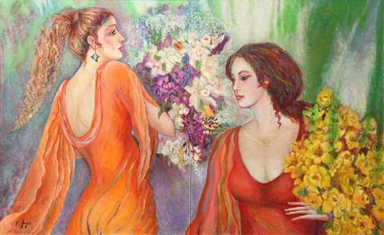私は美しいものが好きである。美しいものに憧れ、永遠の美を画布にとどめられたらと、届かぬ恋の成就を願うような気持で描いてきた。<br />
「フローラ」は、ラテン語で花と春と豊穣の女神をさす。<br />
この作品で二人の女性を対峙させ、そこに花を添えた。女性も花もそれぞれの生を謳歌ずく生命の象徴として描き、バックに緑と暗い紫をあしらい、暗転への予兆とした。