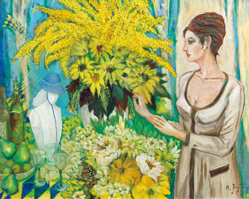 ヨーロッパに春を告げるミモザの花は、常緑で黄色の花をつける。原産はオーストラリアというが、日本でも方々で見かけるようになった。<br />
黄色を西に置くと幸運が舞い込むなどと風水で言われるが、黄色は黄金に通じ、心にポッと灯をともす。そんなミモザを中心に咲き誇る花々の中に女性を立たせ、生命の証とした。