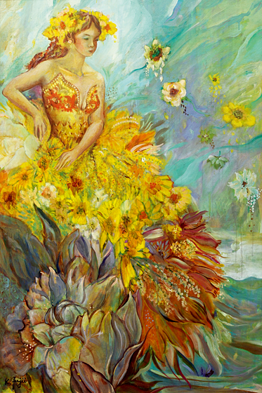 私は花や女性を描くことが好きである。黄色の花々の衣装を身につけ、温かな光と風を浴びてそこに佇む女性は花のように美しく可憐。表情や動きの中に女性の美（女性らしさ）を表現し、花の精とした。