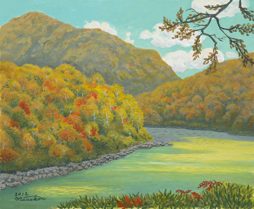 新緑の琵琶池を描き、その秋、紅葉の池に行き制作しました。どちらも比べようもなく美しい。神の創造の業に胸打たれて制作しました。<br />
四季折々の信州の美しい風景を、これからも心ゆくまで制作して行きたい。