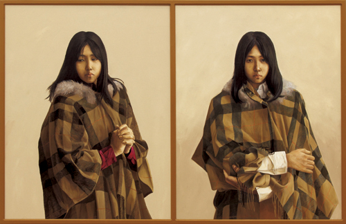 人物に真正面から取り組もうと考え、他の要素の一切を排除した作品としました。<br />
コスチュームもほとんど同じ４枚の作品ですが、モデルの微妙な表情の変化から感じるものが多く、最後まで明確なイメージを持って描ききることができました。今後につながる一作になればと思っています。