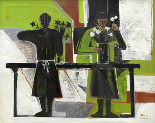 ２人の女性が花をいけている日常的な生活をテーマに制作しました。色彩は黒、白、緑、茶の４色で仕上げました。色彩も制限して、２人の人物も表裏一体の単純化で成功しました。