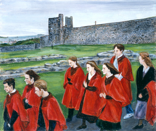 スコットランドのグラスゴーに半年滞在して、その折10月に訪れたセントアンドリュースの岬にある教会に向って、多勢の赤いマントを着た大学生に遇い壮観でした。<br />
イギリスは、10月は卒業期、岬の教会で式が行われるのではないかと想像しました。