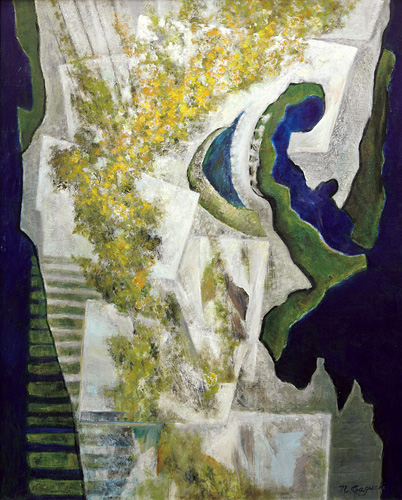 スペインのフラメンコの曲の題名…これはフラメンコのステップから付けられたそうだ。曲を弾いていたら、この絵の構図が浮かんできた。華やかでいて、底に秘められた情動を想いながら曲を弾く。フラメンコを躍る方がこれを見て、黄色の部分はこの曲を躍っている時のステップだとコメントを下さった、ならばこの絵は成功したのだろうか？