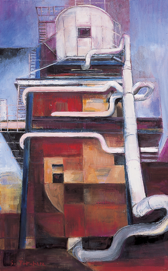 戦前、瀬戸内海沿岸に誘致された大工場の煙突がそびえる壮大なモニュメントを写生した。山や川、海の風景は変わって幾何学的な構図となり、戦後の絵に変化していった。<br />
しかし、とてつもなく大きな屋根やどす黒い工場の中では、まっ赤な鉄が火の玉のような光を散らし、働く人の顔も赤く橙や黄に染めていただろうと今になって想像できる。<br />
鮮烈な色彩と簡潔な表現を合わせ、前衛的な芸術を目ざした。