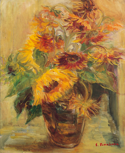 「ひまわり」は、画家にとって好適な題材である。<br />
大きな花輪、花びらの表情、太い茎や葉に支えられ、画面を堂々と埋め尽くしてくれる。黄金色、レモンイエロー、イエローオーカ、グリーンの葉が枯れ落ちるまでアトリエで活躍してくれる。<br />
ゴッホは、この花に対する熱狂的な美学を告げ、生命主義を引き出したのである。