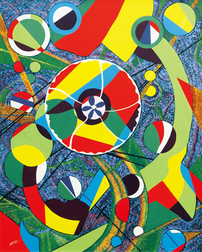 ピエロシリーズをモチーフにした作品を中心に15年間描いてきましたが、第48回展から抽象画に転換いたしました。以前からの思いでした。天体を色々な形でとらえ自由な発想で抽象化して描きたいという願望があり、今回の作品にたどり着きました。<br />
今後も色彩に重点を置き、色鮮やかな天体を制作したいと思っています。