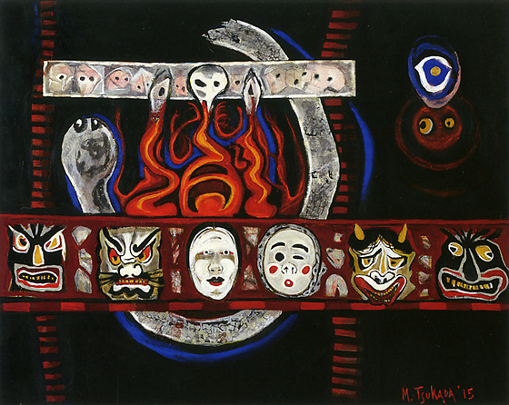 絵の中心部を横断する仮面の帯。世界には東西を問わず、いろいろな仮面に出会う。西洋の仮面舞踏会やカーニバル、日本にもいろいろな仮面がある。仮面をかぶれば、時を得たかのように、自我の本質が混沌とした闇の中で、“大蛇の炎舞宴”。やがて、骸骨灰塵となるのを知らずに！<br />
遠方の闇の中に、かすかに光る神がいる。