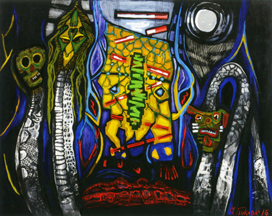 <br />
仮面を被って炎のように立ち昇る自我の蛇、蛇の創り出すエロスの美、現代のメンタルが混沌とした暗を漂流する。<br />
天地を分ける光あり、豊かな緑の地が画面の中央に広がる。ここに新しい美の世界があるか。