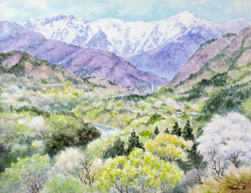 私の生まれた故郷である群馬県みなかみ町で、まだ、谷川岳は残雪が多く、里にようやく春が訪れた様子を描く。<br />
奥利根で利根川を囲み、谷川残雪、桜、雑木の芽もようやく色づき、それを針葉樹が際立たせる。<br />
私のお気に入りの場所である。