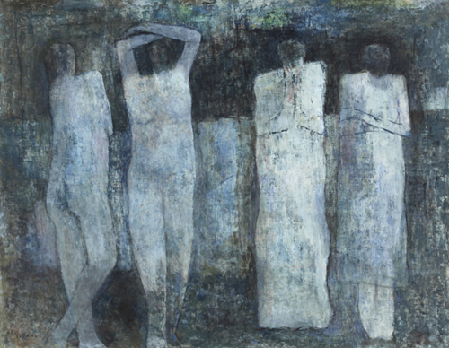 この画家の作品の持つ魅力は、見る人の足を必ず止めてしまうことである。それが壺であり、小鳥であり、馬や裸婦であっても同じである。決して個性の強い、特徴的なものではないが、作品と見る人の間に、しっとりとした対話を生みだすのである。その声は、ささやくように小さいが、空気のように透き通った響きを持ち、見る人の心琴に触れてくるのである。<br />
美術評論家・安井収蔵 「五百住乙人油絵展〔1984年三越本店〕図録」寄稿文より抜粋