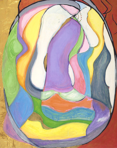 人品の正面を直視せず、背面、側面そして内面をも窺った。美しい曲線や心象が浮上してくる。それは人の心を誘い寄せるものがある。この理想を具現化した。人間の魅力は寛ぎの中にも見い出せる。静かな立ち姿、座す振る舞いに、飛び交う蝶もとまる。春色を基調に平穏な円らさで、至福のひと時をきりとった。