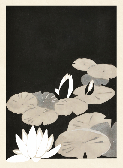 睡蓮といえばモネの睡蓮があまりにも有名である。2011年、私はGivernyのモネの館を訪れた。池の奥には日本に憧れたモネらしく赤い太鼓橋が見える。広がる池面には陽の光を浴びてピンク色の睡蓮が首を傾げている。そこに音もなく小舟が分け入って睡蓮の残骸を取り除いていく。その逆光のなかの小舟のシルエットは、それはそのまま一服の絵であった。<br />
2013年10月、観光客が引き上げた後のGivernyを想い描き、パリでの個展となった。