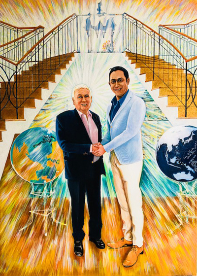 2018年 正月から制作を開始し、毎日8時間、3ヶ月間を費やして完成させました今年の代表作です。<br />
タイトルは「shine-輝き」2018（Jim Rogers and Sachin Chowdhery -Friendship）です。この作品はサチン・チョードリー氏からのオファーを受け描かせていただきました。作品テーマは資本主義社会に於ける「栄光と繁栄と友情」です。<br />
2018年9月7日と8日東京ビッグサイト開催MONEY CODE 3.0 ウェルカムパーティー（東京アメリカン倶楽部）会場で正式に発表、ご披露させていただきました。パーティーでは直接ジム・ロジャース氏にお会いし敬意を込めて贈呈させていただきました。私の代表的肖像画と成りました。