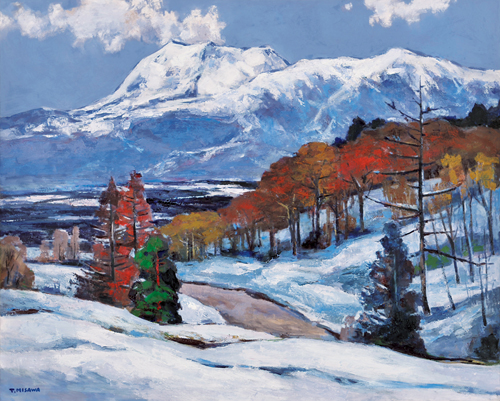 雪の多い地方も３月ともなると雪が溶けはじめ、道路の土も見えて暖かさが感じられてくる。しかし、こんな頃でもまだ山際では、いきなり雪が降りはじめ、山も何も見えなくなり、たちまち白くなる。そしてまた晴れ間が。そんな繰り返しの中に見える山の美しさ、その不思議さに惹かれ、現場から離れる事が出来なかった。