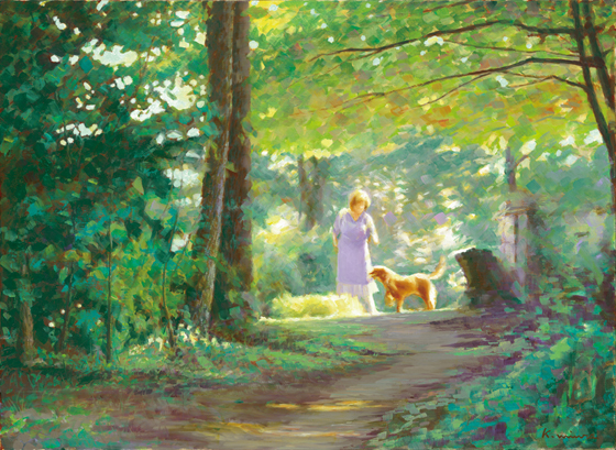 妻とアイリッシュセッター、愛犬Ｐ（ピー）との何時もの散歩コース　通称「三角山」の林の中に初夏の光が降り注いでいる。手前の林の中にもチラチラと光が漏れている。林の向こうに愛犬と戯れる妻の姿が穏やかに輝いていた。