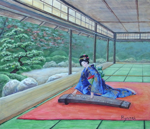 仕事で私は1996年から海外に住むようになりました。はじめはイギリス今はタイで、日本にはいま年2回滞在しています。それぞれの国の風景や女性を描いていましたが、海外に住むと日本の風物や女性の美しさに惹かれ最近は好んで日本の情緒を絵にしています。この作品もその中の一枚です。