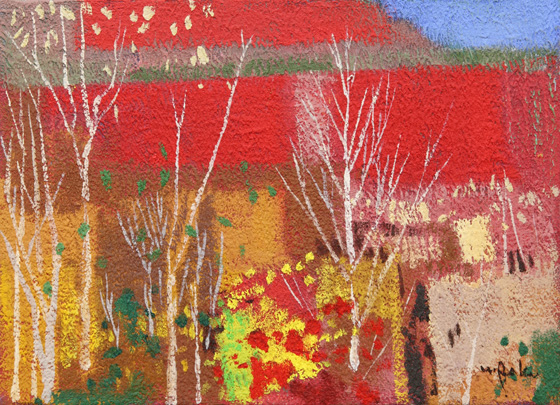 私の裡（うち）に日本の四季を描くテーマがある。<br />
今年、もっと日本を知るために日本を離れ夢中でスペイン・ポルトガルを描き、又ポサーダーなどに泊り歴史の違い、色の違いを感じて帰ってきた。<br />
掲載作品は、奥志賀からの題材で、色に魅せられ描いたものである。