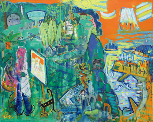 私の住んでいる、神奈川県の逗子市には披露山と逗子アリーナと海岸がある。披露山には展望台と小さな動物園があり、市民の憩いの場だ。そんな逗子の海岸からは江の島と富士が見え、四季折々、朝な夕なに風景の醍醐味が味わえる。この絵は、雲が湧き、朝日に映える富士と、水と緑の交響をパノラマや山水画のイメージを膨らませながら描いたものだ。