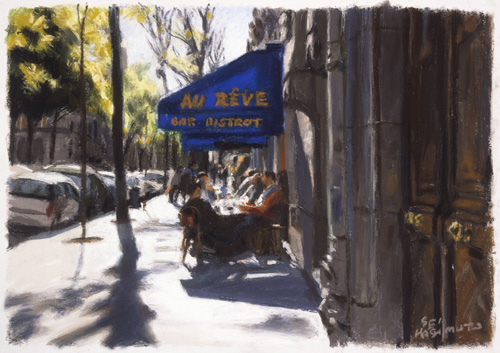 パリの、好きな景色を描いていて、そこにふと人が現われると、<br />
何だか急にそこを舞台にしたドラマを観てるみたい。<br />
そしてそんなパリを描く気になる。<br />
それは人物画ではないし風景画でもない。<br />
強いて言えば人生画？