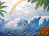 ハワイ・オアフ島のノースショアはサーフィンの世界大会が開催される、大きな美しい波が押し寄せる場所だ。<br />
波と虹とハイビスカス、大好きなハワイを凝縮して映し取った一枚です。
