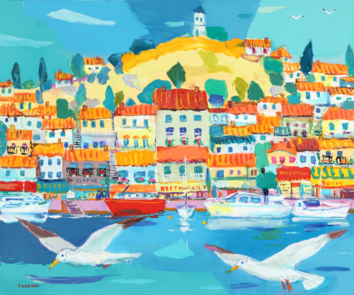 ギリシャの青い海と空そして丘に並ぶ建物の形と色彩のハーモニーに魅せられて描き始めました。<br />
エーゲ海の暖かい光と涼しい風を感じる風景を描けたらと思います。