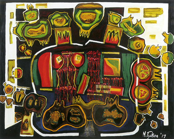 青い果実、狂ったような爛熟のザクロ、割れ目からルビーのように光る種、画欲に駆られる。ドライザクロの割れ目から飛び込む暗黒の背景に黄色に輝く種、まさに死んで多くの実を結ぶ輝き。ザクロの一生を平面に叩き込み、全体も部分もザクロ。その中に女と男の情の世界がある。