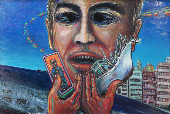 自然が興こす猛威、地球から見ればそれが普通なのかも知れない。しかし、いつも人の生命が失われる。天災と言えるのだろうか！<br />
空と海で画面を二分し海を斜めにして、不安感を中心に呆然としている顔と、横に現代の建物を描き、失われた物と何を心の糧に信じるのか？　作品を通して問うてみました。<br />
又、鎮魂の意を持って描きました。